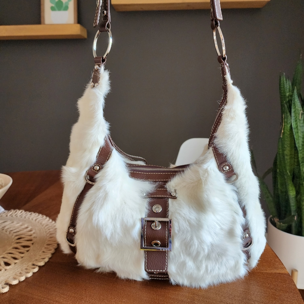 Rafe White and Brown Faux Fur Shoulder Bag with Chain Strap